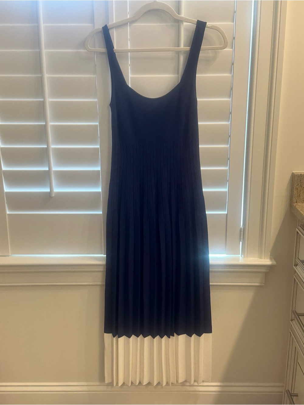 STAUD Navy and White Pleated Midi Tank Dress
